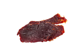 Beef Jerky Macro Isolated on White Background. Selective focus.