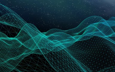 Star horizon. Abstract landscape on a dark background. Cyberspace grid. Hi-tech network. Outer space. Starry outer space texture. 3D illustration