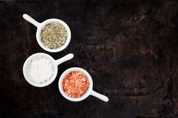 Types of Salt Himalayan, Kosher and Sea Salt Herb Seasoning. Selective focus.