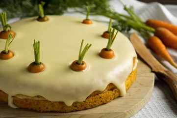 homemade cake. traditional carrot cake with cream.