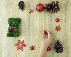 Christmas decorations on the red background