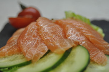 food, meal, meat, salad, dinner, plate, fish, fried, chicken, tomato, dish, healthy, gourmet, vegetable, white, lunch, green, salmon, grilled, pork, vegetables, cucumber, lettuce, cuisine, fresh