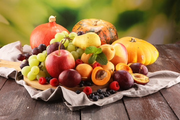 Fresh summer fruits with apple, grapes, berries, pear and apricot