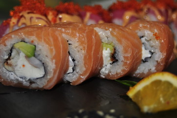 food, meal, plate, sushi, sandwich, salad, bread, gourmet, cheese, dinner, snack, fresh, salmon, white, appetizer, vegetable, green, meat, healthy, seafood, tomato, lunch, cucumber, fish, cuisine