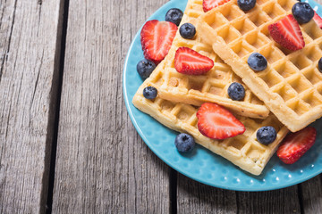 Belgian waffles with strawberry and blueberry