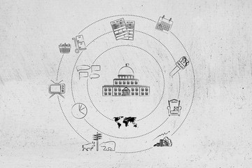 governement building wsurrounded by economy media and citizenship related icons