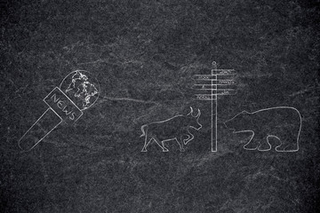 stock exchange bull and bear with global markets road sign next to news microphone