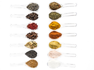 Assortment of powder spices on spoons isolated on a white background.Various spices selection on spoon lined up, face to face on a white background. Space for text