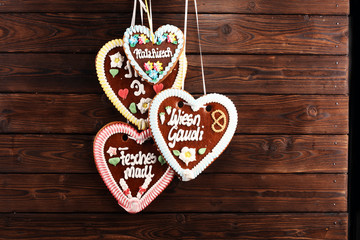 original bavarian Oktoberfest gingerbread heart on wood