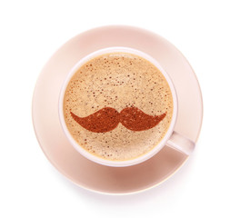 Cup of coffee with mustache on foam isolated on white background