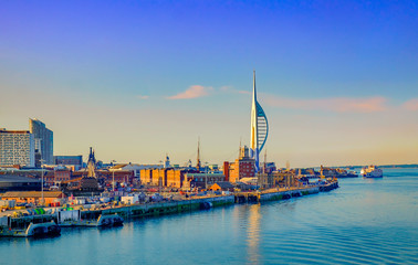 Portsmouth, England, June 2018, Portsmouth port in the late evening - obrazy, fototapety, plakaty