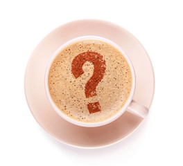 Cup of coffee with question mark  on foam. I like coffee break. FAQ