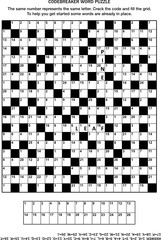Puzzle page with codebreaker (codeword, code cracker) word game or crossword puzzle for grown-ups. General knowledge, some words already in place, medium level. Answer included.
