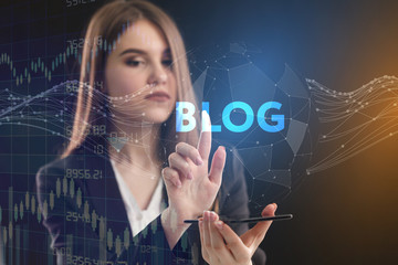 The concept of business, technology, the Internet and the network. A young entrepreneur working on a virtual screen of the future and sees the inscription: blog