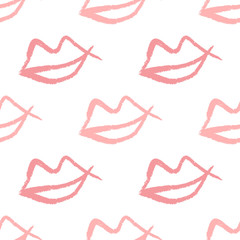 Repeating outlines of lips drawn by hand with rough brush. Cute seamless pattern. Sketch, watercolor, graffiti. Simple girlish print.