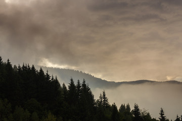 Summer mountain scenery with mist clouds, at sunset