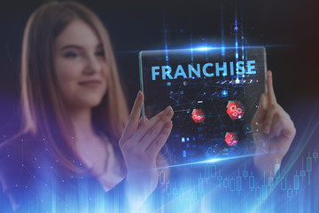The concept of business, technology, the Internet and the network. A young entrepreneur working on a virtual screen of the future and sees the inscription: Franchise