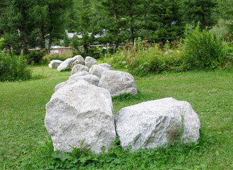 Line of huge white stones on the green grass. A cloudy day in the forest in the Dolomites of Italy