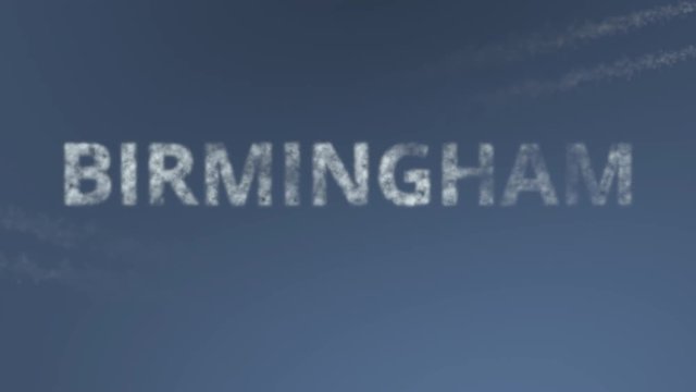 Flying airplanes reveal Birmingham caption. Traveling to the United States conceptual intro animation