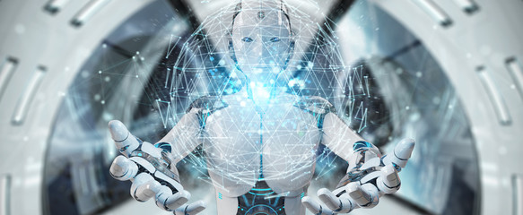 White robot woman using digital triangle exploding sphere hologram 3D rendering