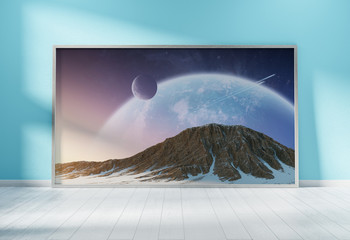 Large horizontal frame leaning on a blue wall 3D rendering