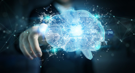 Businessman creating artificial intelligence in a digital brain 3D rendering