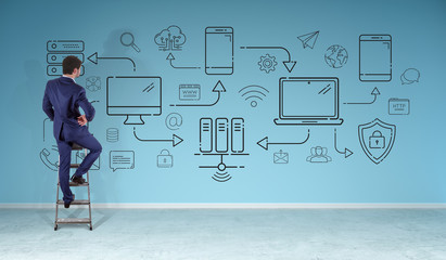 Businessman watching tech devices and icons thin line interface