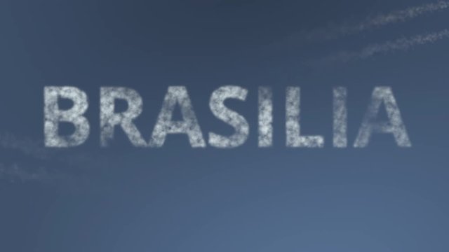Flying airplanes reveal Brasilia caption. Traveling to Brazil conceptual intro animation