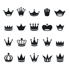 Set of monochrome crown icons, isolated on white background. Vector illustration.