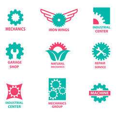 Set of gear wheel icons and logos, isolated on white background. Vector illustration.