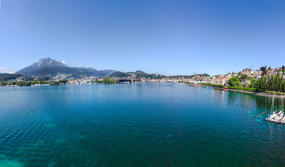 beautiful aerial view Lake Lucerne, Pilatus mountain city the summer season, boats and ships, travel and vacation to Europe concept, boat club, Luzern, Switzerland