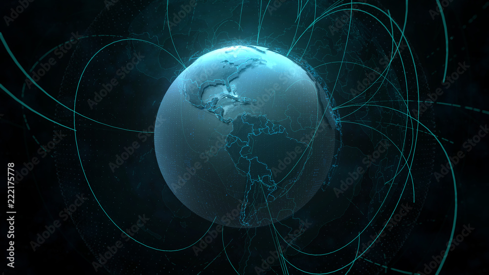 Poster 3d detailed render of earth globe. technology theme. complex globe form with arcs that go from one p