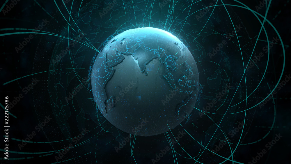 Poster 3d detailed render of earth globe. technology theme. complex globe form with arcs that go from one p