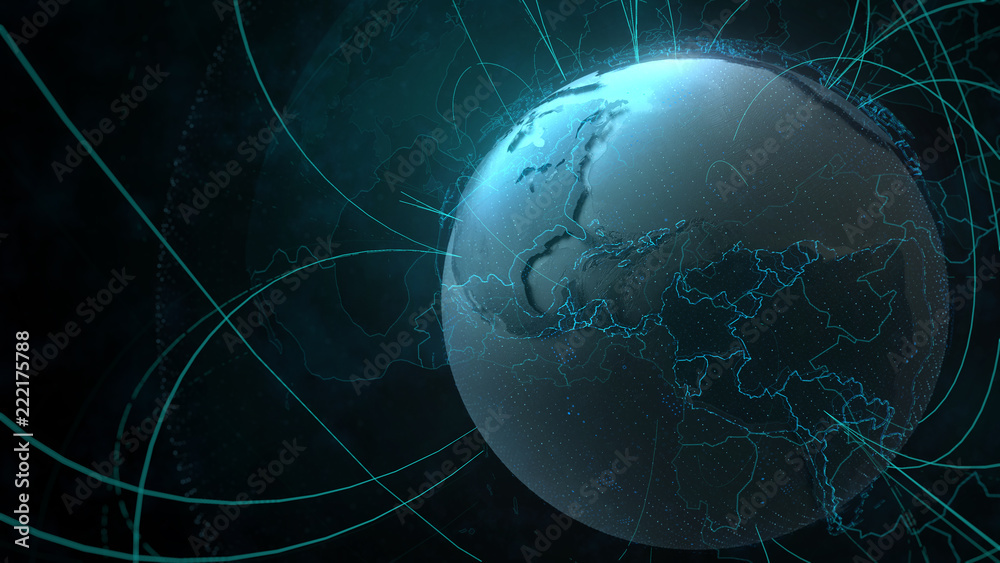 Poster 3d detailed render of earth globe. technology theme. complex globe form with arcs that go from one p