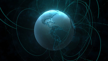 3d detailed render of Earth globe. Technology theme. Complex globe form with arcs that go from one point of planet to other. Internet and information background.