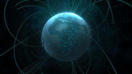 3d detailed render of Earth globe. Technology theme. Complex globe form with arcs that go from one point of planet to other. Internet and information background.