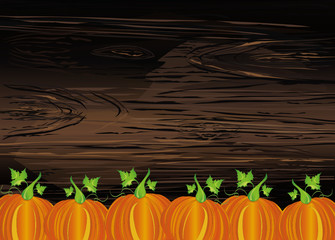 Halloween pumpkins. Vector illustration on wooden background. Greeting card or invitation to a party and a party. Copy space.