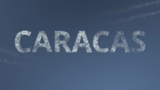 Flying airplanes reveal Caracas caption. Traveling to Venezuela conceptual intro animation
