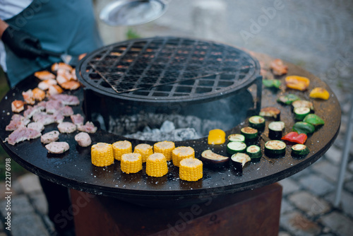 Assortment Of Meat Vegetables Zucchini Pepper Corn And Shrimps Assortment Of Meat Vegetables Zucchini Pepper Corn And Shrimps On The Big