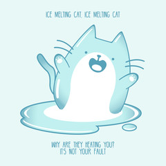 Kawaii illustration of a happy chubby kawaii cat made of ice enjoying his own melting. Sad and cute at the same time! Summer is almost over. But it’s still very hot (at least in my country) 