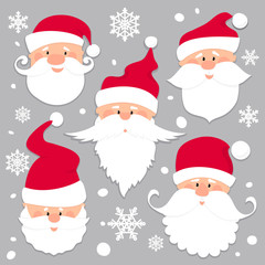 Christmas Santa Claus faces in red caps . Old men in red hat with white beard and mustache .Funny characters. Holiday season icons set. Flat paper cut style vector illustration.