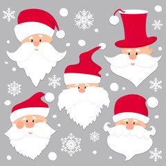 Christmas Santa Claus faces in red caps . Old men in red hat with white beard and mustache .Funny characters. Holiday season icons set. Flat paper cut style vector illustration.