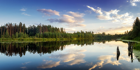 Панорама летнего вечернего пейзажа на Уральском озере с соснами на берегу, Россия, август © 7ynp100