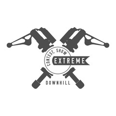 Bicycle Show, Extreme Bikes Contest Emblem. Crossed Rear Shock Absorbers, Ribbon Banner. Monochrome Vector Illustration.