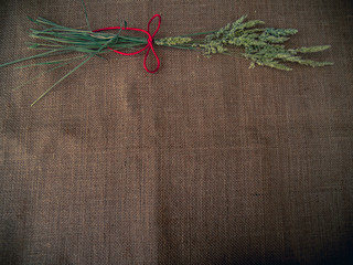 Vintage style. Dry grass and red thread with burlap background