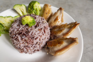 clean food , Fried chicken ,Broccoli  vegetable , egg and rice