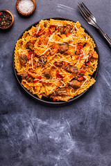 Pasta with chicken liver sauce.