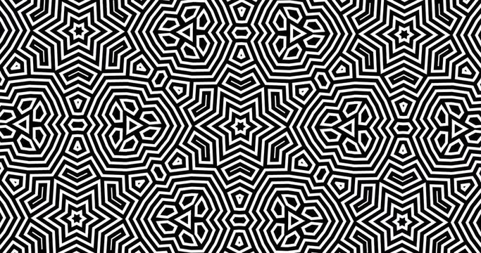 4K Abstract geometric kaleidoscope pattern with an alpha channel. Thin lines shapes move endlessly random. Black and white seamless motion background. Looped 10 sec minimal flower animation backdrop