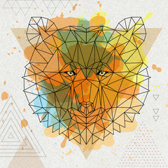 Hipster polygonal animal bear on artistic watercolor background