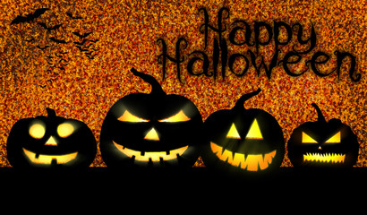 vier Halloweenkürbisse mit gruseligen Gesichtern